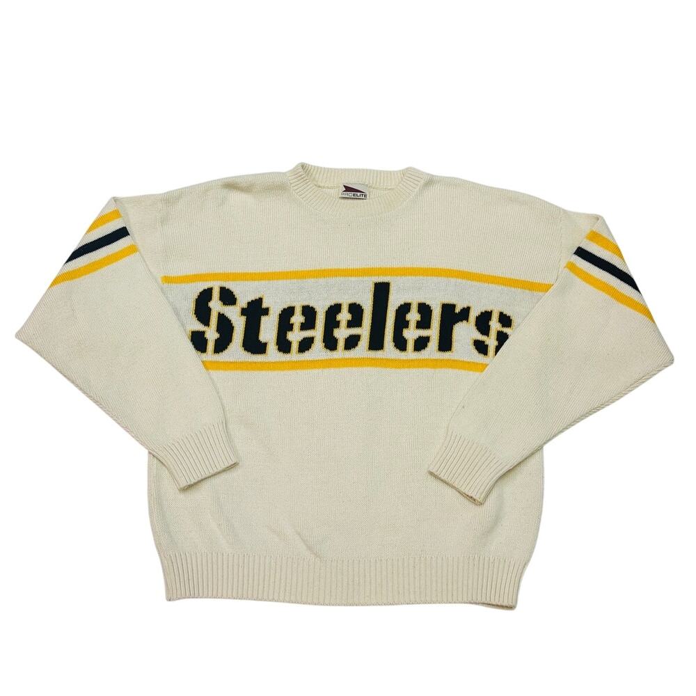 Vtg Pittsburg Steelers Sweater Mens Large Cream Knit Crew Neck NFL Football USA
